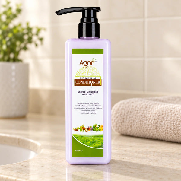 Agor Organic Hair Conditioner — 500 ml on a bathroom vanity.