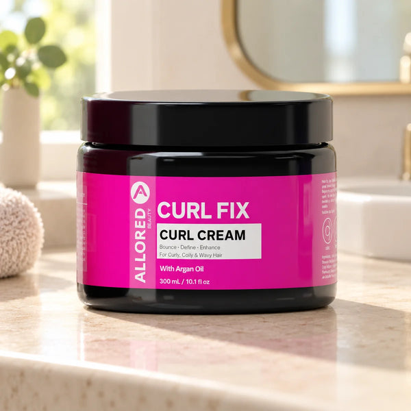 Allored Professional Curl Fix Curl Cream with Argan Oil — 300 ml on a bathroom vanity.