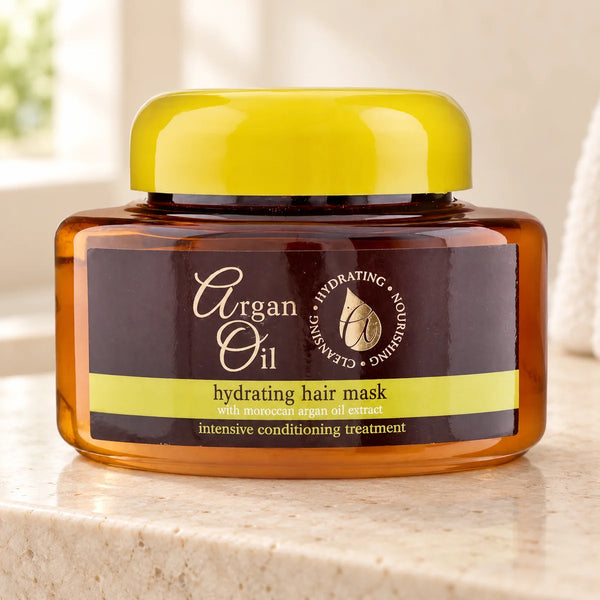 Argan Oil Intense Hydrating Hair Mask for Dry & Damaged Hair — 220 ml on a bathroom vanity or dressing table.