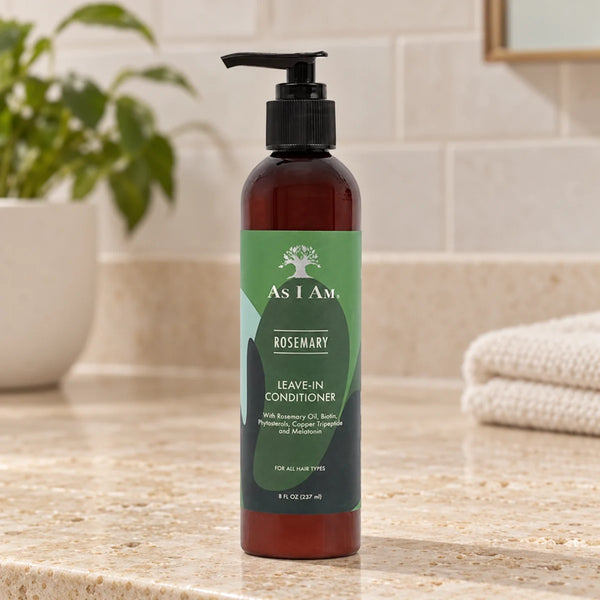 As I Am Rosemary Leave In Conditioner Moisturising & Detangling for Natural Hair & Curls — 237 ml on a bathroom vanity.