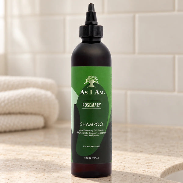 As I Am Rosemary Shampoo Stimulating Scalp & Strengthening Hair for Curly & Textured Hair — 8 oz on a bathroom vanity.