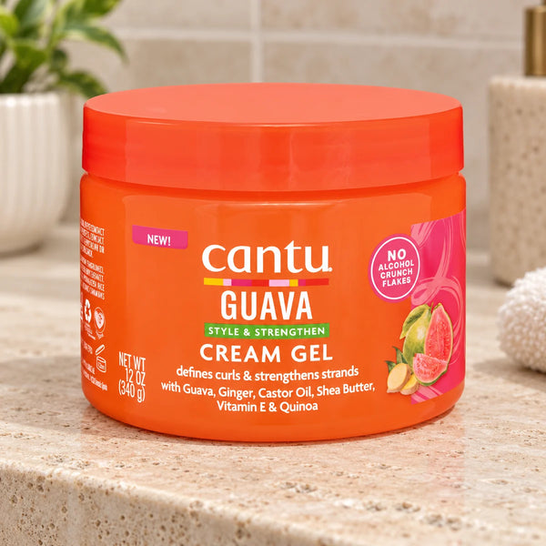 Cantu Guava Cream Gel — 12 oz on a bathroom vanity.