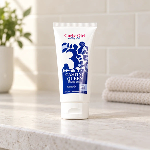 Casting Queen 100ml styling cream tube on a bathroom vanity.