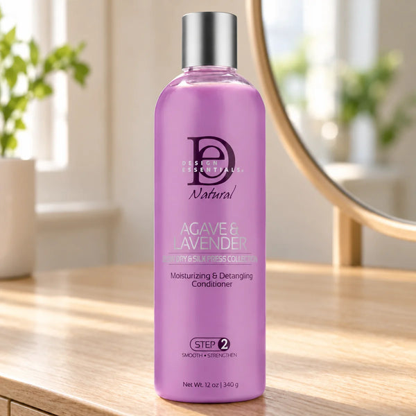 Design Essentials Agave and Lavender Moisturizing & Detangling Conditioner — 340 g on a bathroom vanity.