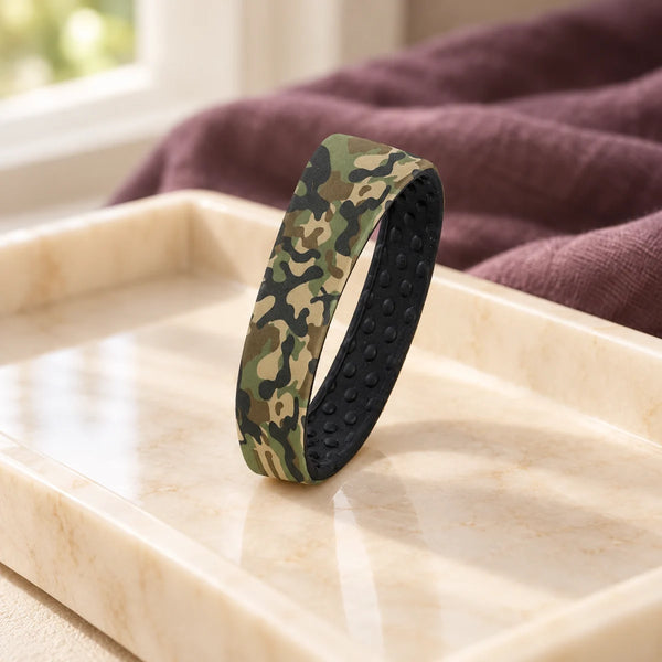 PONY-O Designer Small Hair Fastener — Camo on a dressing-table tray.