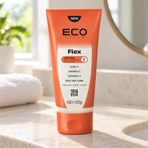Eco Styler Flex Soft Hold Styling Gel with Aloe — 170 g on a bathroom vanity.