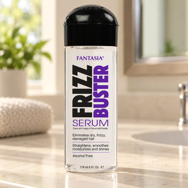 Fantasia IC Frizz Buster Serum for Frizz Control & Shine — 178 ml on a bathroom vanity.