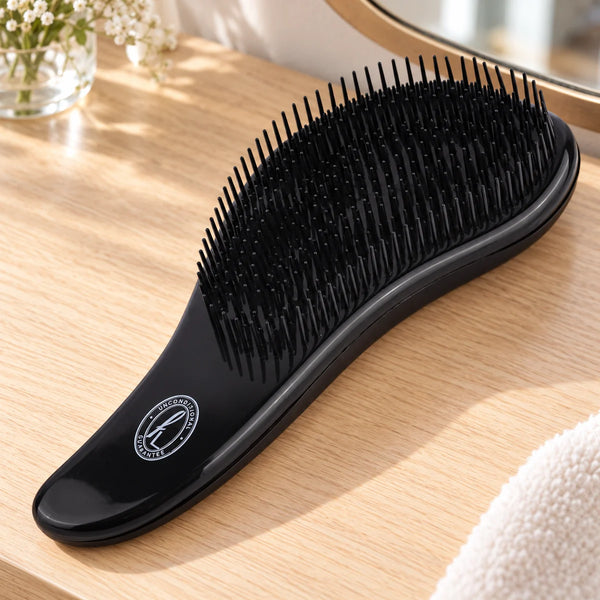 Fine Lines UK Black Detangling Brush - Pain-Free Detangling & Smooth Hair for All Hair Types Large on a bathroom vanity or dressing table.