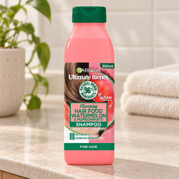 Garnier Hair Food Watermelon & Pomegranate Shampoo Hydrating & Volumising for Dull, Fine Hair — 350 ml on a bathroom vanity.