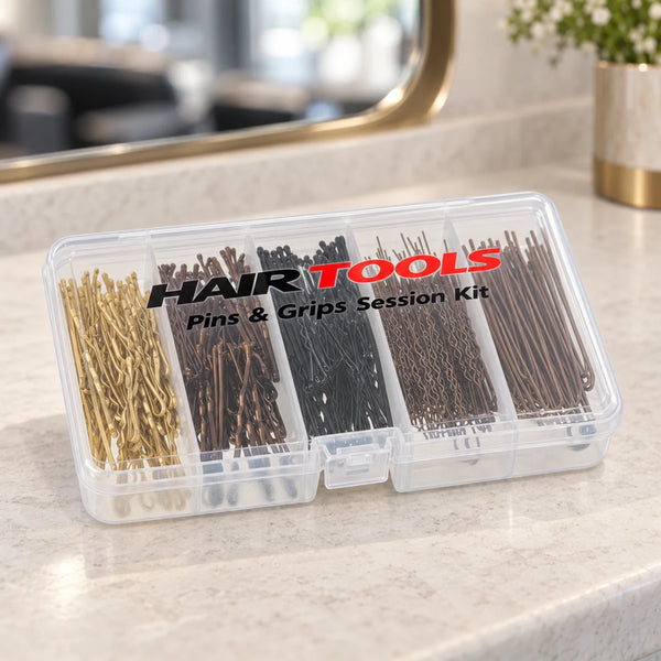 Hair Tools Pins & Grips Session Kit — Hair Tools Pins and Grips Session Kit box on a salon counter.