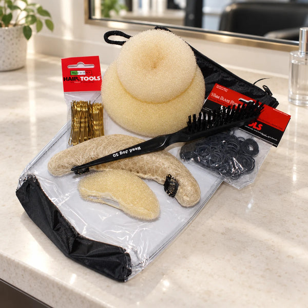 Hair Tools Updo Kit - Light — Hair Tools Updo Kit Light with its styling accessories beside a salon mirror.