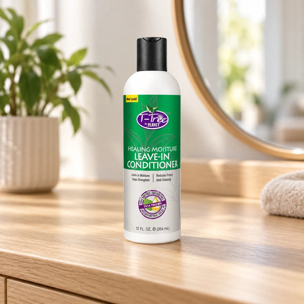 I-tree Healing Moisture Leave-In Conditioner for Ultimate Hydration & Frizz Control for Dry, Damaged Hair — 354 ml on a bathroom vanity.