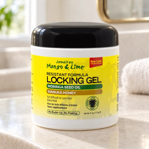 Jamaican Mango & Lime Resistant Formula Locking Gel — 6 oz on a bathroom vanity.