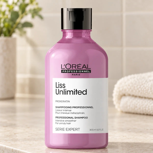 L'Oréal Professionnel Serié Expert Liss Unlimited Shampoo Smooth, Glossy & Frizz-Free Hair for Unruly Hair — 300 ml on a bathroom vanity.