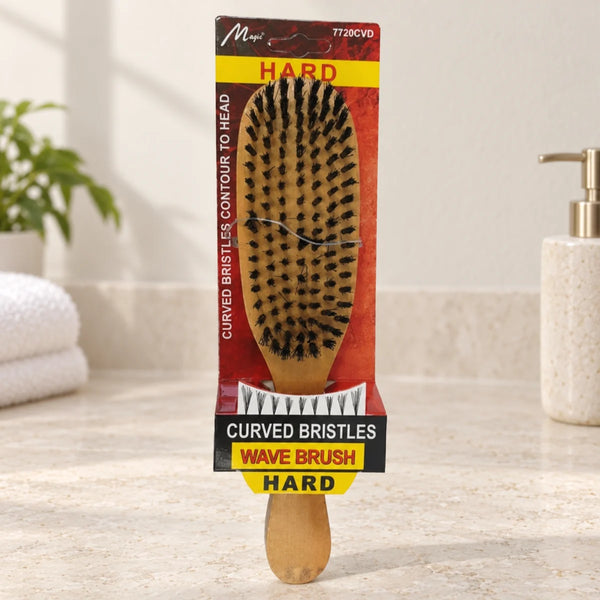 Magic Collection Curved Bristles Hard Wave Brush (No.7720CVD) - Achieve Deeper, Defined Waves for 360 Wave Styles on a bathroom vanity or dressing table.
