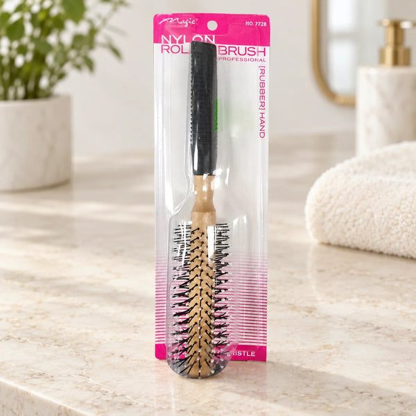 Magic Collection Nylon Roller Brush - Rubber Hand (No.7728) for Effortless Styling & Volume on a bathroom vanity or dressing table.
