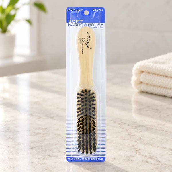 Magic Collection Soft Narrow Brush (No.7725) for Precision Edge Styling & Smooth Baby Hairs on a bathroom vanity or dressing table.