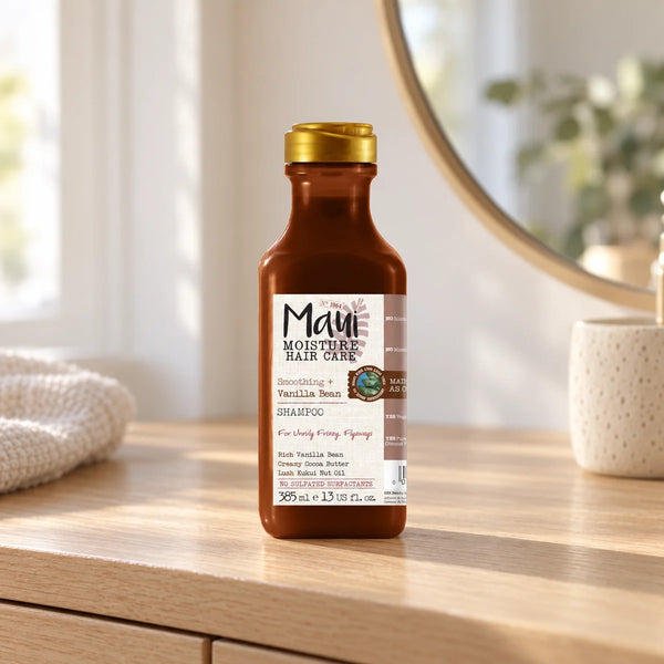 Maui Moisture Smooth & Repair + Vanilla Bean Shampoo — 385 ml on a bathroom vanity.