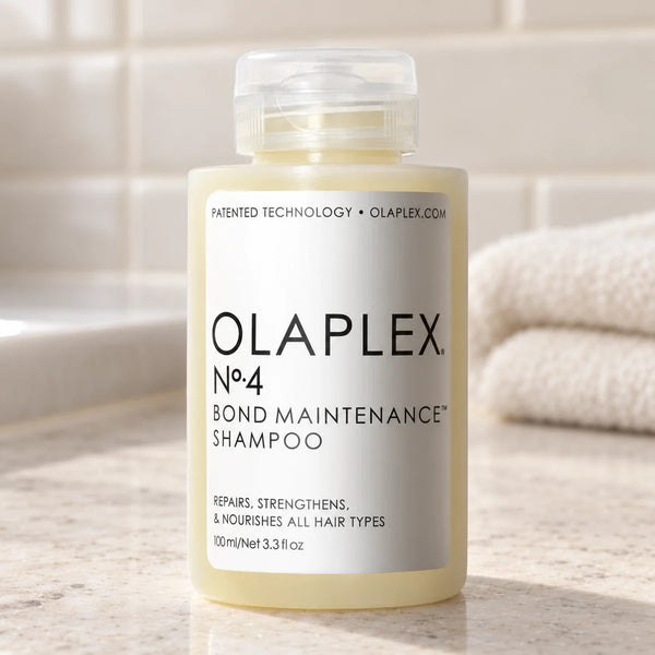 Olaplex No.4 Bond Maintenance Shampoo — 100 ml on a bathroom vanity.
