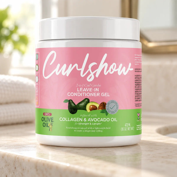 ORS Olive Oil Curlshow Leave-In Conditioner Gel — 16 oz on a bathroom vanity.