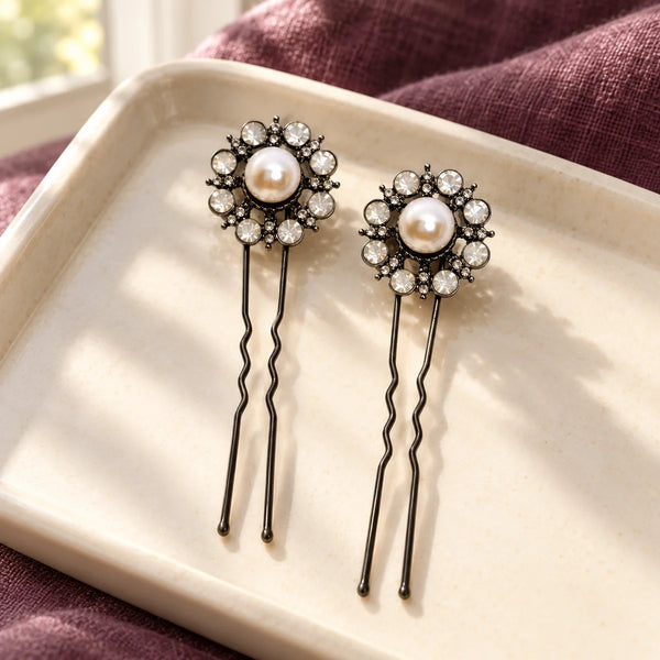 PONY-O Bun Pinz Decorative Hair Pins — Pack of 2 — Antique Pearl on a dressing-table tray.