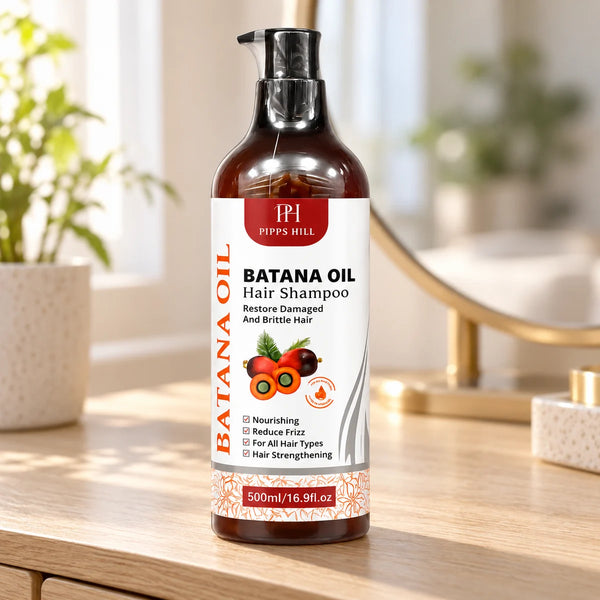 Pipps Hill Batana Oil Hair Shampoo — 500 ml on a bathroom vanity.