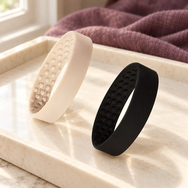 PONY-O Small Hair Fasteners — Pack of 2 — Black/Light Blonde on a dressing-table tray.