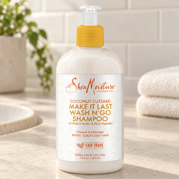 Shea Moisture Coconut Custard Wash N'Go Shampoo — 13 oz on a bathroom vanity.