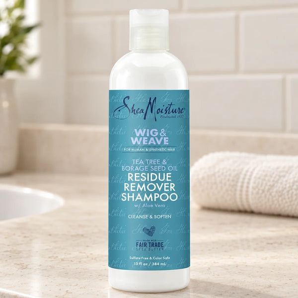 Shea Moisture Wig & Weave Residue Remover Shampoo — 13 oz on a bathroom vanity.