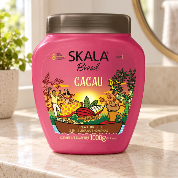 Skala Brasil Cacau Hair Treatment Cream — 1000 g on a bathroom vanity.