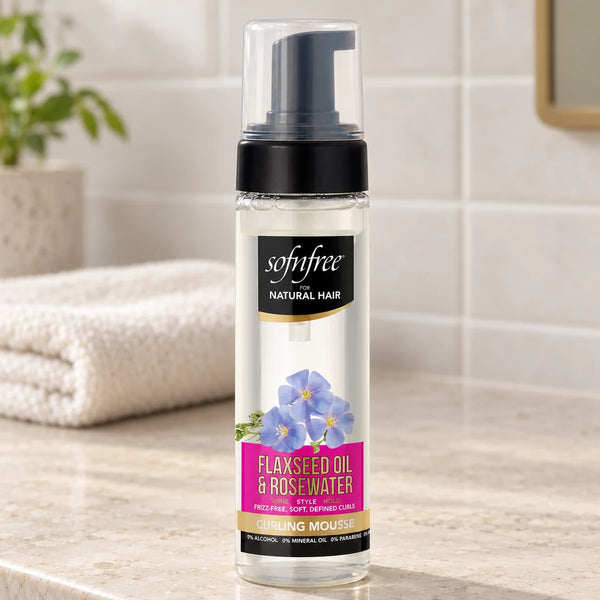 Sof n Free Sofn'free Flaxseed Oil & Rosewater Curling Mousse | Define & Hydrate Curls for All Curl Types | — 250 ml on a bathroom vanity.