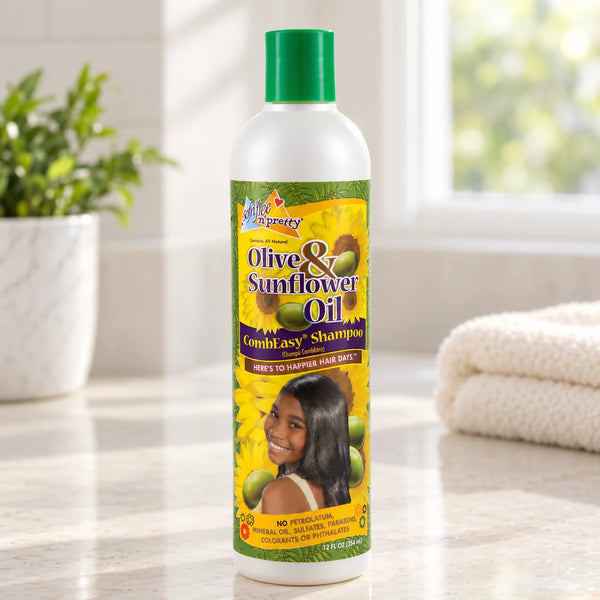 Sof n Free Sofn'free n'pretty Olive & Sunflower Oil Combeasy Shampoo - Detangling & Nourishing for Kids & Teens — 354 ml on a bathroom vanity or dressing table.