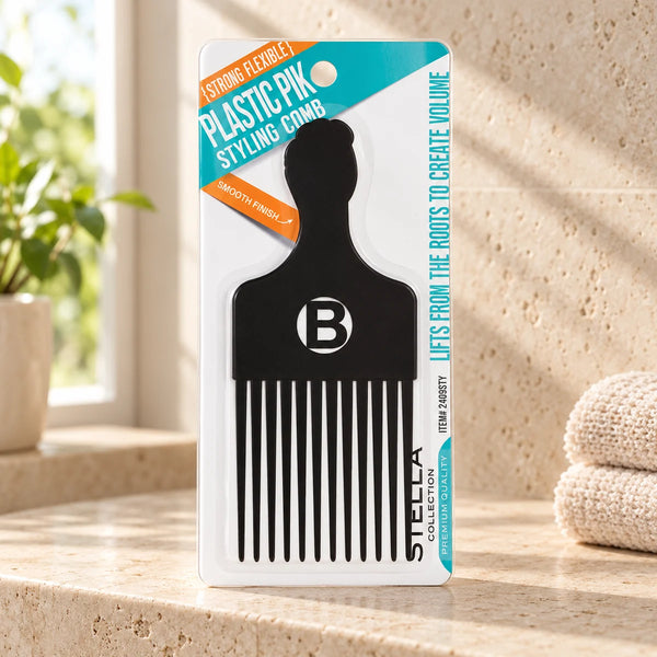 Stella Collection Pik Styling Comb No.2409STY: Effortless Detangling for Curly, Afro & Textured Hair on a bathroom vanity or dressing table.