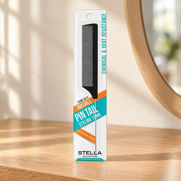 Stella Collection Pintail Styling Comb No.2413 for Precise Parting & Sectioning for Professional & Home Stylists on a bathroom vanity or dressing table.