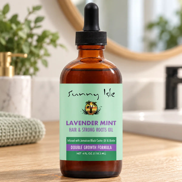 Sunny Isle Lavender Mint Hair & Strong Roots Oil — 118.3 ml on a bathroom vanity.