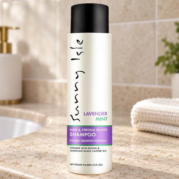 Sunny Isle Lavender Mint Hair & Strong Roots Shampoo Cleanses hair and scalp — 354.88 ml on a bathroom vanity.