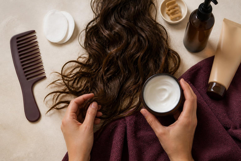 Close-up of wavy hair strands glistening with moisture against a soft-focus bathroom background