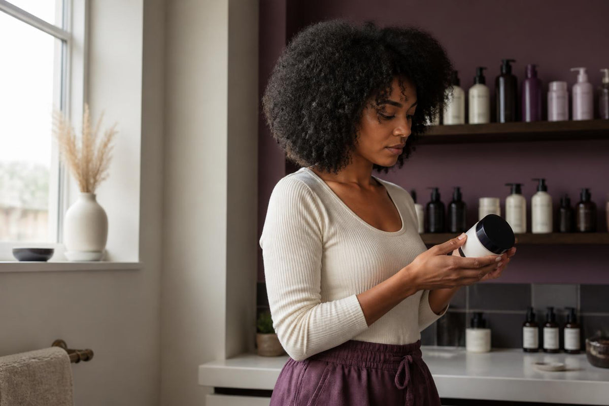 Assorted vegan hair care bottles and jars arranged neatly on a light wooden surface against a soft blurred background