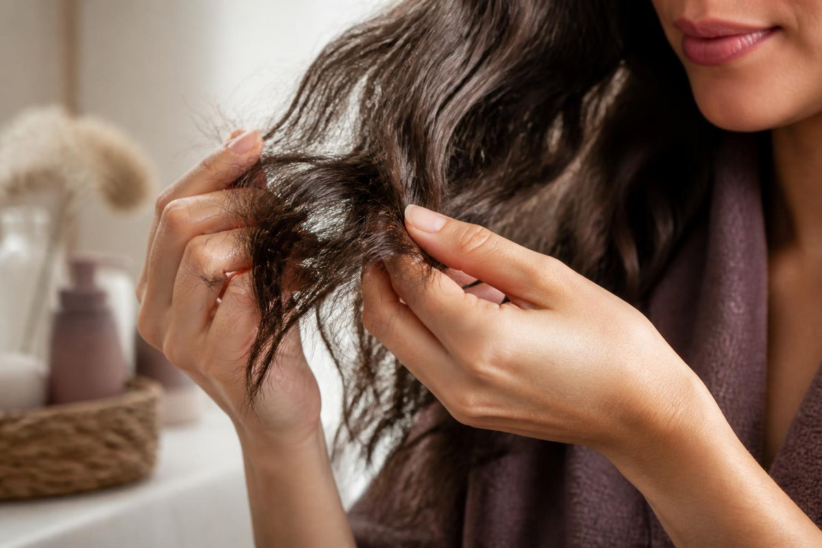Close-up of a person with long, dry hair gently applying conditioner with their fingers in a bright bathroom