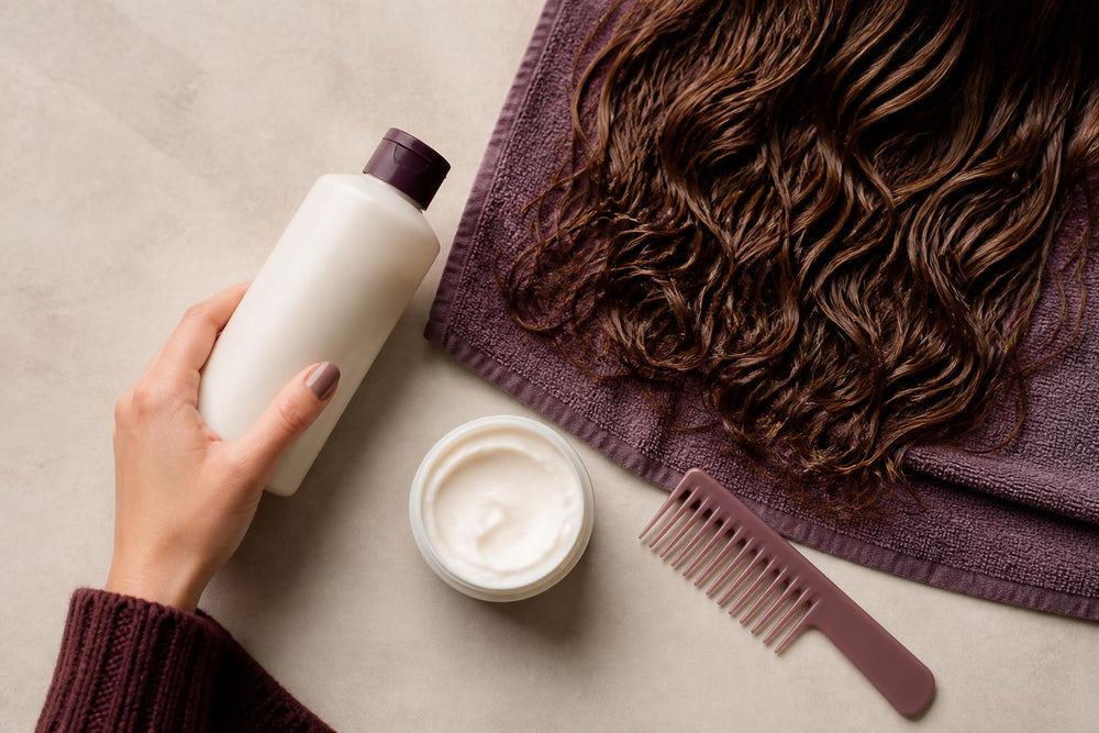 Wavy 2B hair styled with defined, voluminous curls against a soft-focus bathroom background