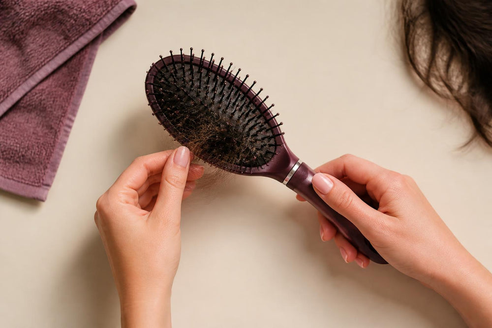 A wooden hair brush with trapped strands resting on a clean white surface