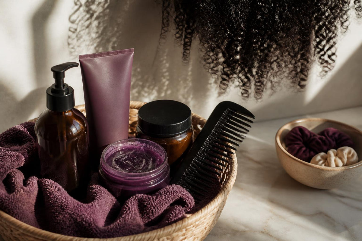 A person with textured hair applying product to their strands in a bright, modern bathroom