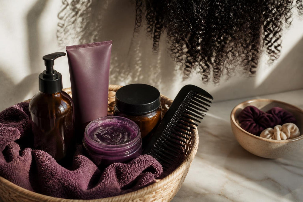 A person with textured hair applying product to their strands in a bright, modern bathroom
