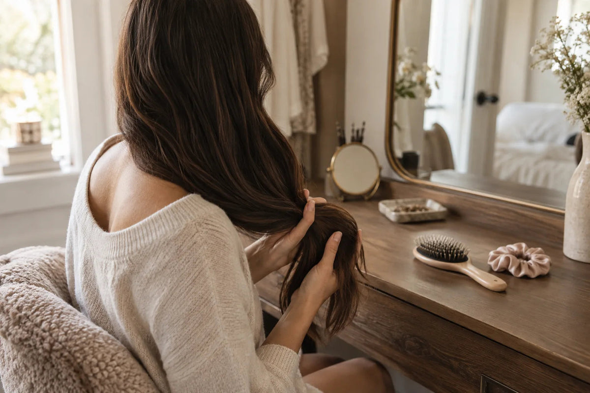 Woman holding the lengths of her hair beside a brush and satin scrunchie