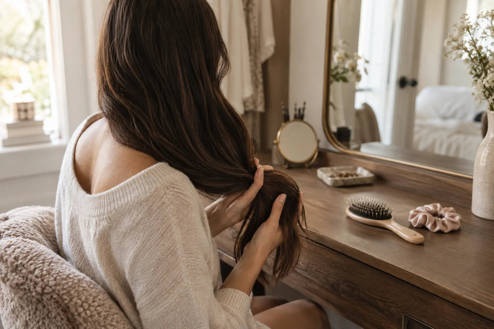 Woman holding the lengths of her hair beside a brush and satin scrunchie