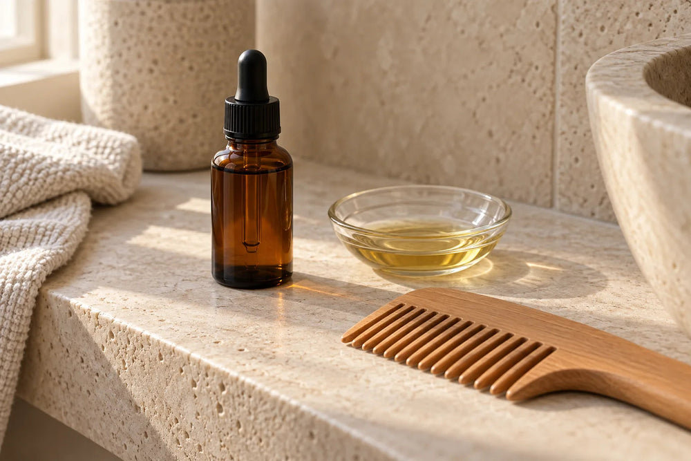 Amber dropper bottle, glass dish of golden oil and wooden comb