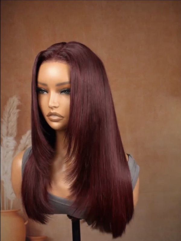 Chic Luxe Hair Glueless Layered Cut Bone Straight Dark 99J HD Lace Wig