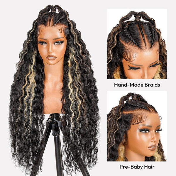 Chic Luxe Hair 100% Human Hair Crimp Wave Long Frontal Wig 13x6 HD Lace Black Caramel Honey Highlight 250% Density Glueless Pre-Braided Wear & Go