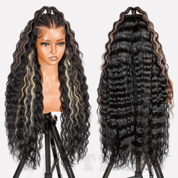 Chic Luxe Hair 100% Human Hair Crimp Wave Long Frontal Wig 13x6 HD Lace Black Caramel Honey Highlight 250% Density Glueless Pre-Braided Wear & Go