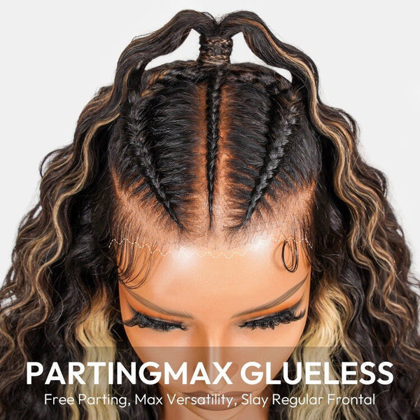 Chic Luxe Hair 100% Human Hair Crimp Wave Long Frontal Wig 13x6 HD Lace Black Caramel Honey Highlight 250% Density Glueless Pre-Braided Wear & Go